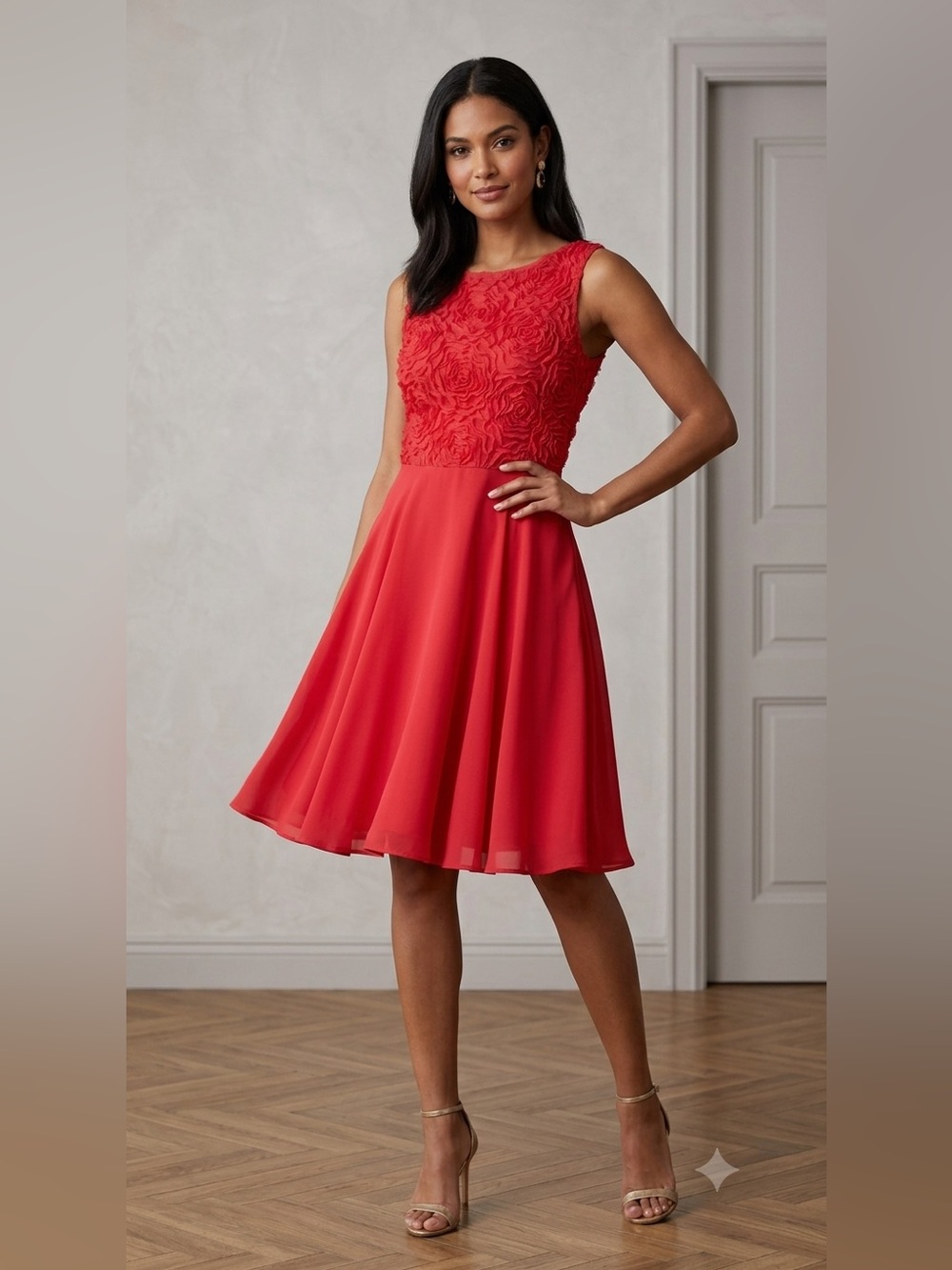 Isaac Mizrahi Bright Coral Rosette Bodice Midi Dress
